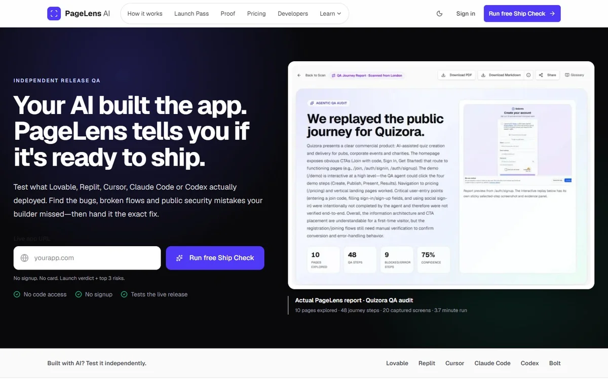 PageLens AI release checks for AI-built apps